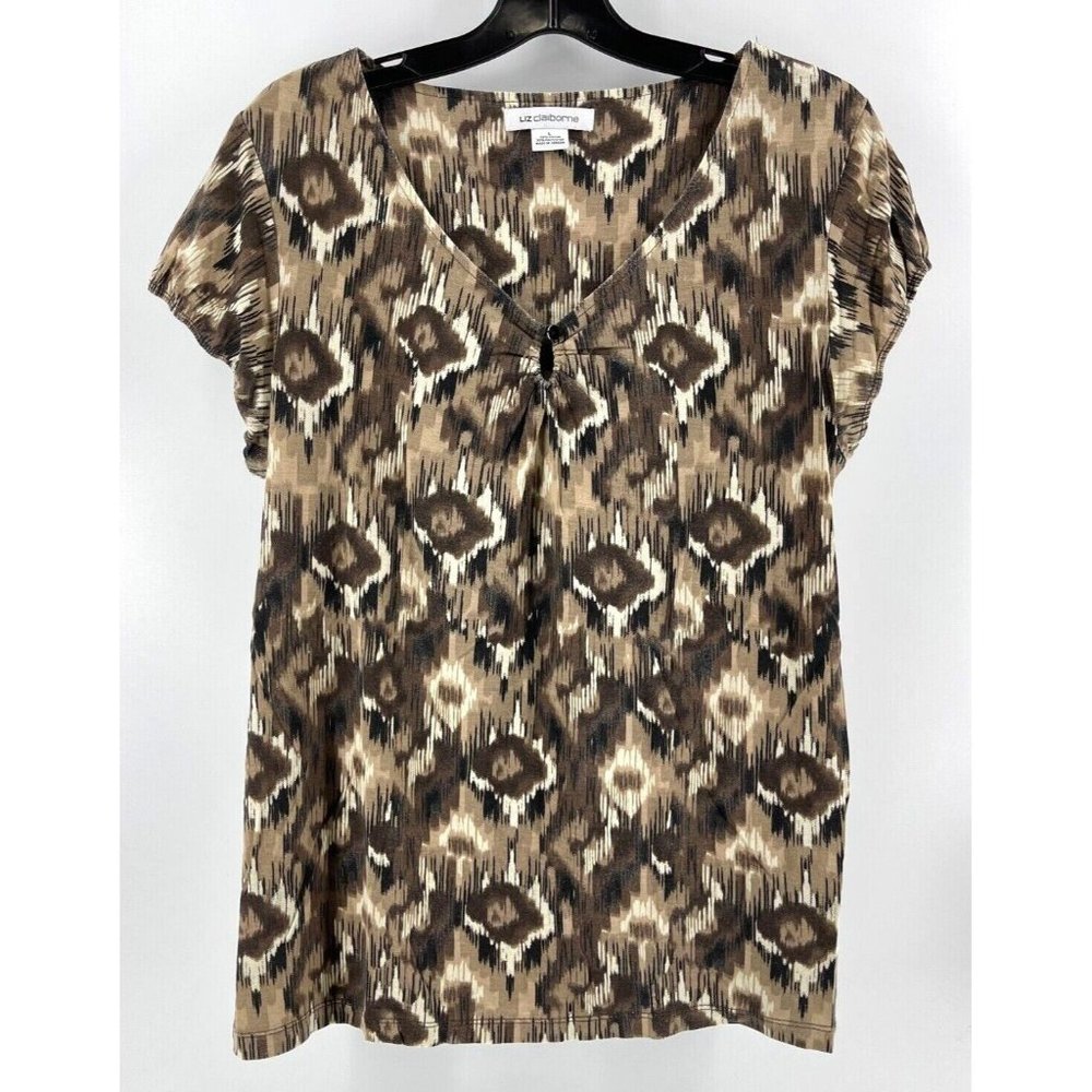 Liz Claiborne Women's Top Shirt V Neck Tunic Large Brown Geometric Pattern